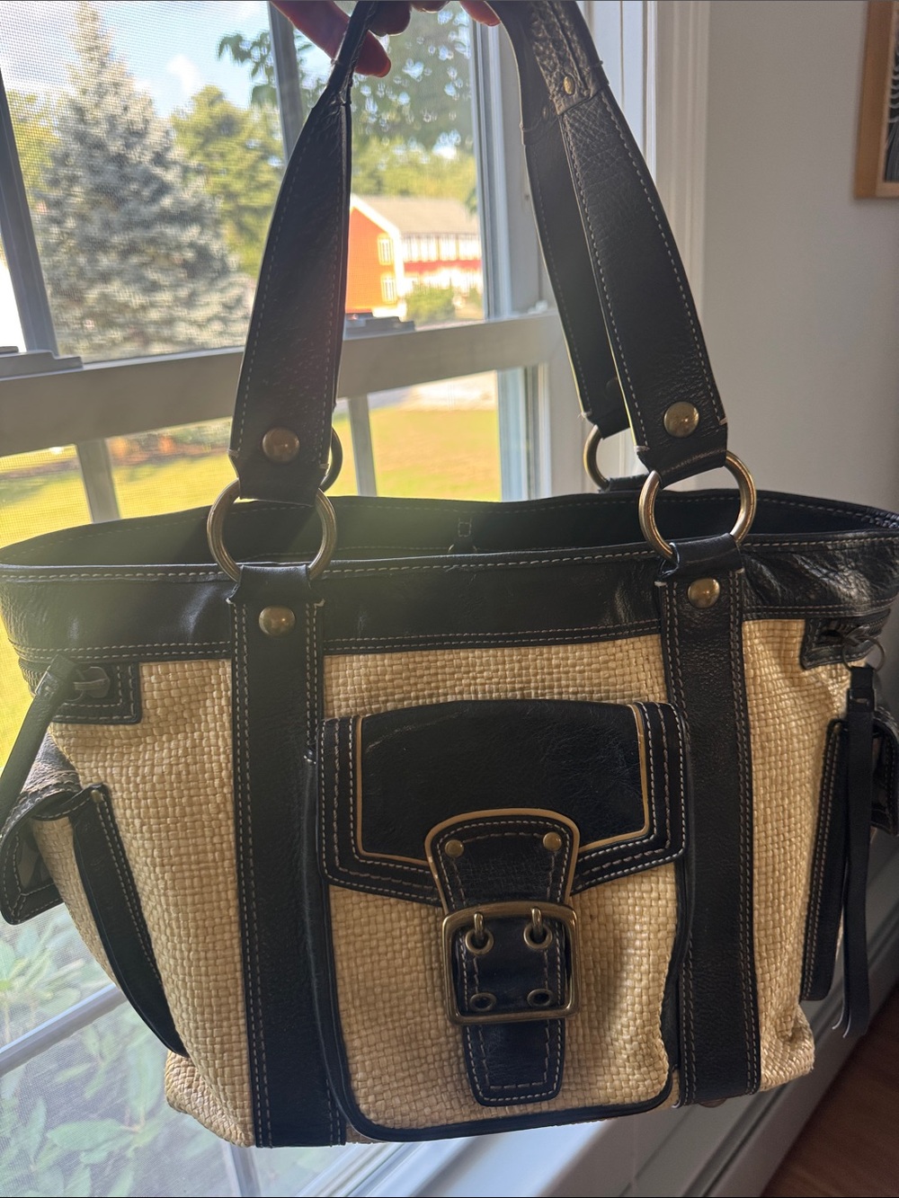 Coach Beige Woven Shoulder Bag with Black Leather Trim